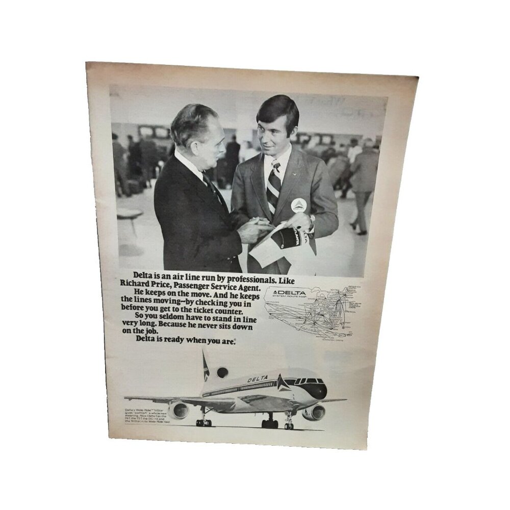 1974 Delta Air Lines with Service Agent Richard Price Original Print Ad 70s